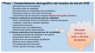 1ªFase –Comportamento demográfico até meados do século XVIII 
Elevadas taxas de fecundidade 
Elevadas taxas de natalidade 
Elevadas taxas de mortalidade (com oscilações) 
Esperança média de vida curta (25-30 anos) 
Crescimento natural reduzido e irregular (Regime demográfico primitivo) 
1. Fatores explicativos da elevada taxa de natalidade 
Filhos considerados fonte de rendimento e mão de obra barata 
Tradições, costumes e crenças religiosas 
Casamentos precoces; 
Elevadas taxas de analfabetismo; 
Planeamento familiar desconhecido. 
2. Fatores explicativos da elevada taxa de mortalidade 
Condições precárias de habitação e de higiene; 
Saneamento básico inexistente; 
Ausência de uma alimentação equilibrada; 
Medicina pouco desenvolvida; 
Tecnologia agrícola rudimentar; 
Fomes, guerras, doenças, pestes. 
Situação comum a todo o Mundo da época  
