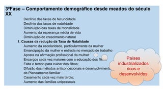 3ªFase –Comportamento demográfico desde meados do século XX 
Declínio das taxas de fecundidade 
Declínio das taxas de natalidade 
Diminuição das taxas de mortalidade 
Aumento da esperança média de vida 
Diminuição do crescimento natural 
1. Causas da redução da Taxa de Natalidade 
Aumento da escolaridade, particularmente da mulher 
Emancipação da mulher e entrada no mercado de trabalho 
Aposta na afirmação profissional da mulher 
Encargos cada vez maiores com a educação dos filhos 
Falta o tempo para cuidar dos filhos; 
Difusão dos métodos anticoncecionais e desenvolvimento 
do Planeamento familiar 
Casamento cada vez mais tardio; 
Aumento das famílias unipessoais 
Países industrializadosricose desenvolvidos  