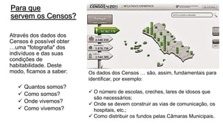 Para queservem os Censos? 
Através dos dados dos Censos é possível obter …uma "fotografia" dos indivíduos e das suas condições de habitabilidade. Deste modo, ficamos a saber: 
Quantos somos? 
Como somos? 
Onde vivemos? 
Como vivemos? 
Os dados dos Censos … são, assim, fundamentais para identificar, por exemplo: 
O número de escolas, creches, lares de idosos que são necessários; 
Onde se devem construir as vias de comunicação, os hospitais, etc.; 
Como distribuir os fundos pelas Câmaras Municipais.  