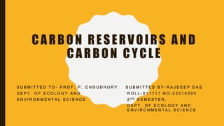 CARBON RESERVOIRS AND
CARBON CYCLE
S U B M I T T E D T O - P R O F . P . C H O U D H U R Y S U B M I T T E D B Y - R A J D E E P D A S
D E P T . O F E C O L O G Y A N D R O L L - 0 1 1 7 1 7 N O - 2 2 0 1 0 3 9 5
E N V I R O N M E N T A L S C I E N C E 2 N D S E M E S T E R ,
D E P T . O F E C O L O G Y A N D
E N V I R O N M E N T A L S C I E N C E
 