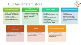 Program Management
• Hands-on, deep domain
knowledge, reliable and
trustworthy with
superior expertise in
Program Management
Sustained Research and
Development efforts
• Constantly innovate and
push the envelope in all
aspects of People
Solutions
Process Design
• Bringing in
templates/tools that can
enable
seamless delivery of
solutions and
redesigning of processes
to suit Clients needs
Diagnostic-led approach
• Ensures a
comprehensive
assessment of need
areas. Reduces initial
financial commitment by
clients
Cresko International - India 5
Recommendations followed by
Implementation
• Creation of visible and tangible
outcomes with complete hands-on
support to the client
Training
• Training and hand-holding client
teams post-engagement to enable
seamless transition
Deep subject matter expertise
• Deep subject matter expertise
across industries including
implementation of green-field
people solutions
 