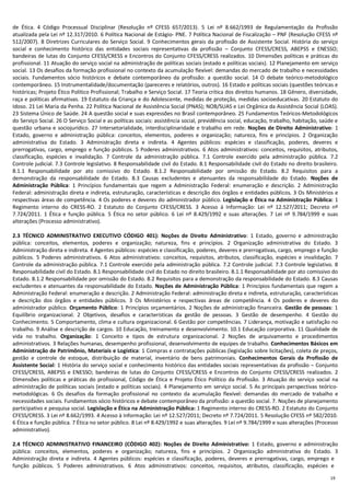 19
de Ética. 4 Código Processual Disciplinar (Resolução nº CFESS 657/2013). 5 Lei nº 8.662/1993 de Regulamentação da Profissão
atualizada pela Lei nº 12.317/2010. 6 Política Nacional de Estágio- PNE. 7 Política Nacional de Fiscalização – PNF (Resolução CFESS nº
512/2007). 8 Diretrizes Curriculares do Serviço Social. 9 Conhecimentos gerais da profissão de Assistente Social. História do serviço
social e conhecimento histórico das entidades sociais representativas da profissão – Conjunto CFESS/CRESS, ABEPSS e ENESSO;
bandeiras de lutas do Conjunto CFESS/CRESS e Encontros do Conjunto CFESS/CRESS realizados. 10 Dimensões políticas e práticas do
profissional. 11 Atuação do serviço social na administração de políticas sociais (estado e políticas sociais). 12 Planejamento em serviço
social. 13 Os desafios da formação profissional no contexto da acumulação flexível: demandas do mercado de trabalho e necessidades
sociais. Fundamentos sócio históricos e debate contemporâneo da profissão: a questão social. 14 O debate teórico-metodológico
contemporâneo. 15 Instrumentalidade/documentação (pareceres e relatórios, outros). 16 Estado e políticas sociais (questões teóricas e
históricas; Projeto Ético Político Profissional; Trabalho e Serviço Social. 17 Teoria crítica dos direitos humanos. 18 Gênero, diversidade,
raça e políticas afirmativas. 19 Estatuto da Criança e do Adolescente, medidas de proteção, medidas socioeducativas. 20 Estatuto do
Idoso. 21 Lei Maria da Penha. 22 Política Nacional de Assistência Social (PNAS); NOB/SUAS e Lei Orgânica da Assistência Social (LOAS).
23 Sistema Único de Saúde. 24 A questão social e suas expressões no Brasil contemporâneo. 25 Fundamentos Teóricos-Metodológicos
do Serviço Social. 26 O Serviço Social e as políticas sociais: assistência social, previdência social, educação, trabalho, habitação, saúde e
questão urbana e sociojurídico. 27 Intersetorialidade, interdisciplinaridade e trabalho em rede. Noções de Direito Administrativo: 1
Estado, governo e administração pública: conceitos, elementos, poderes e organização; natureza, fins e princípios. 2 Organização
administrativa do Estado. 3 Administração direta e indireta. 4 Agentes públicos: espécies e classificação, poderes, deveres e
prerrogativas, cargo, emprego e função públicos. 5 Poderes administrativos. 6 Atos administrativos: conceitos, requisitos, atributos,
classificação, espécies e invalidação. 7 Controle da administração pública. 7.1 Controle exercido pela administração pública. 7.2
Controle judicial. 7.3 Controle legislativo. 8 Responsabilidade civil do Estado. 8.1 Responsabilidade civil do Estado no direito brasileiro.
8.1.1 Responsabilidade por ato comissivo do Estado. 8.1.2 Responsabilidade por omissão do Estado. 8.2 Requisitos para a
demonstração da responsabilidade do Estado. 8.3 Causas excludentes e atenuantes da responsabilidade do Estado. Noções de
Administração Pública: 1 Princípios fundamentais que regem a Administração Federal: enumeração e descrição. 2 Administração
Federal: administração direta e indireta, estruturação, características e descrição dos órgãos e entidades públicos. 3 Os Ministérios e
respectivas áreas de competência. 4 Os poderes e deveres do administrador público. Legislação e Ética na Administração Pública: 1
Regimento interno do CRESS-RO. 2 Estatuto do Conjunto CFESS/CRESS. 3 Acesso à Informação: Lei nº 12.527/2011; Decreto nº
7.724/2011. 1 Ética e função pública. 5 Ética no setor público. 6 Lei nº 8.429/1992 e suas alterações. 7 Lei nº 9.784/1999 e suas
alterações (Processo administrativo).
2.3 TÉCNICO ADMINISTRATIVO EXECUTIVO CÓDIGO 401): Noções de Direito Administrativo: 1 Estado, governo e administração
pública: conceitos, elementos, poderes e organização; natureza, fins e princípios. 2 Organização administrativa do Estado. 3
Administração direta e indireta. 4 Agentes públicos: espécies e classificação, poderes, deveres e prerrogativas, cargo, emprego e função
públicos. 5 Poderes administrativos. 6 Atos administrativos: conceitos, requisitos, atributos, classificação, espécies e invalidação. 7
Controle da administração pública. 7.1 Controle exercido pela administração pública. 7.2 Controle judicial. 7.3 Controle legislativo. 8
Responsabilidade civil do Estado. 8.1 Responsabilidade civil do Estado no direito brasileiro. 8.1.1 Responsabilidade por ato comissivo do
Estado. 8.1.2 Responsabilidade por omissão do Estado. 8.2 Requisitos para a demonstração da responsabilidade do Estado. 8.3 Causas
excludentes e atenuantes da responsabilidade do Estado. Noções de Administração Pública: 1 Princípios fundamentais que regem a
Administração Federal: enumeração e descrição. 2 Administração Federal: administração direta e indireta, estruturação, características
e descrição dos órgãos e entidades públicos. 3 Os Ministérios e respectivas áreas de competência. 4 Os poderes e deveres do
administrador público. Orçamento Público: 1 Princípios orçamentários. 2 Noções de administração financeira. Gestão de pessoas: 1
Equilíbrio organizacional. 2 Objetivos, desafios e características da gestão de pessoas. 3 Gestão de desempenho. 4 Gestão do
Conhecimento. 5 Comportamento, clima e cultura organizacional. 6 Gestão por competências. 7 Liderança, motivação e satisfação no
trabalho. 9 Análise e descrição de cargos. 10 Educação, treinamento e desenvolvimento. 10.1 Educação corporativa. 11 Qualidade de
vida no trabalho. Organização: 1 Conceito e tipos de estrutura organizacional. 2 Noções de arquivamento e procedimentos
administrativos. 3 Relações humanas, desempenho profissional, desenvolvimento de equipes de trabalho. Conhecimentos Básicos em
Administração de Patrimônio, Materiais e Logística: 1 Compras e contratações públicas (legislação sobre licitações), coleta de preços,
gestão e controle de estoque, distribuição de material, inventário de bens patrimoniais. Conhecimentos Gerais da Profissão de
Assistente Social: 1 História do serviço social e conhecimento histórico das entidades sociais representativas da profissão – Conjunto
CFESS/CRESS, ABEPSS e ENESSO; bandeiras de lutas do Conjunto CFESS/CRESS e Encontros do Conjunto CFESS/CRESS realizados. 2
Dimensões políticas e práticas do profissional, Código de Ética e Projeto Ético Político da Profissão. 3 Atuação do serviço social na
administração de políticas sociais (estado e políticas sociais). 4 Planejamento em serviço social. 5 As principais perspectivas teórico-
metodológicas. 6 Os desafios da formação profissional no contexto da acumulação flexível: demandas do mercado de trabalho e
necessidades sociais. Fundamentos sócio históricos e debate contemporâneo da profissão: a questão social. 7. Noções de planejamento
participativo e pesquisa social. Legislação e Ética na Administração Pública: 1 Regimento interno do CRESS-RO. 2 Estatuto do Conjunto
CFESS/CRESS. 3 Lei nº 8.662/1993. 4 Acesso à Informação: Lei nº 12.527/2011; Decreto nº 7.724/2011. 5 Resolução CFESS nº 582/2010.
6 Ética e função pública. 7 Ética no setor público. 8 Lei nº 8.429/1992 e suas alterações. 9 Lei nº 9.784/1999 e suas alterações (Processo
administrativo).
2.4 TÉCNICO ADMINISTRATIVO FINANCEIRO (CÓDIGO 402): Noções de Direito Administrativo: 1 Estado, governo e administração
pública: conceitos, elementos, poderes e organização; natureza, fins e princípios. 2 Organização administrativa do Estado. 3
Administração direta e indireta. 4 Agentes públicos: espécies e classificação, poderes, deveres e prerrogativas, cargo, emprego e
função públicos. 5 Poderes administrativos. 6 Atos administrativos: conceitos, requisitos, atributos, classificação, espécies e
 