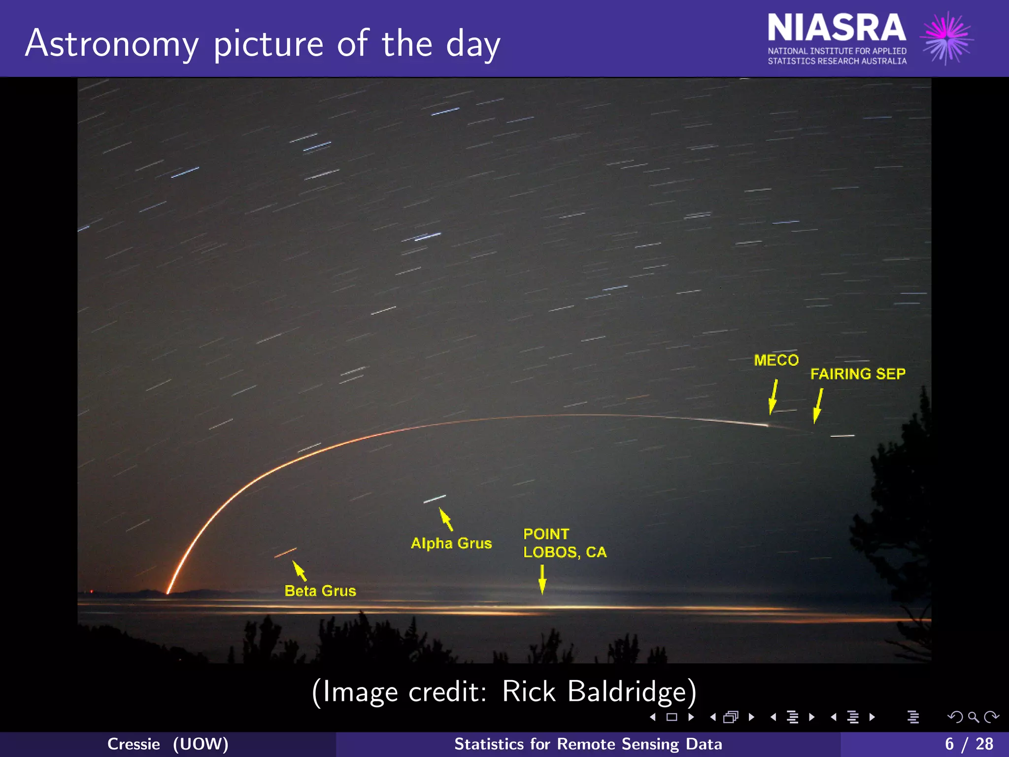 Astronomy picture of the day
(Image credit: Rick Baldridge)
Cressie (UOW) Statistics for Remote Sensing Data 6 / 28
 