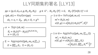 LLY同期集約署名 [LLY13]
28
𝑝𝑝 = (𝑝, 𝐺, 𝐺), 𝑒, 𝑔, 𝐻!, 𝐻", 𝐻=) 𝑔 ∈ 𝐺∗ , 𝐻!, 𝐻": 𝑇 → 𝐺, 𝐻=: 𝑇 ×{0, 1}∗→ 𝐺
𝑠𝑘( = 𝑥( ← 𝑍*, 𝑝𝑘( = 𝑋( = 𝑔,$
(𝑝𝑘, 𝑠𝑘) ← KeyGen(𝑝𝑝)
𝐸( = 𝐻! 𝑡 ,$ ? 𝐻"(𝑡)>& :,/ ,$,
𝜎 = (𝐸(, 𝑡)
𝜎 ← Sign (𝑠𝑘, 𝑚)
𝑚?= 𝐻= 𝑡, 𝑚
𝑒 𝐸, 𝑔 = 𝑒 𝐻! 𝑡 𝐻" 𝑡 /'
, 𝑋 ?
1 or 0 ← Veﬁry 𝑝𝑘, 𝑚, 𝜎
𝐸 = ∏(2!
#
𝐸( , Σ = (𝐸(, 𝑡)
Σ ← Aggregate 𝑝𝑘(, 𝑚(, 𝜎( (2!
#
𝑚′( = 𝐻= 𝑡, 𝑚(
𝑒 𝐸, 𝑔 = 𝑒 𝐻! 𝑡 , ∏(2!
#
𝑋(
? 𝑒 𝐻" 𝑡 , ∏(2!
#
𝑋(
/'
$ ?
1 or 0 ← AggVeﬁry( 𝑝𝑘(, 𝑚( (2!
#
, Σ)
 