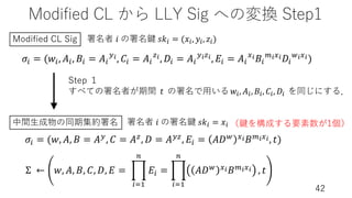 Modified CL から LLY Sig への変換 Step1
42
𝜎% = (𝑤%, 𝐴%, 𝐵% = 𝐴%
$!, 𝐶% = 𝐴%
&!, 𝐷% = 𝐴%
$!&!, 𝐸% = 𝐴%
#!𝐵%
'!#!𝐷%
(!#!)
Σ ← 𝑤, 𝐴, 𝐵, 𝐶, 𝐷, 𝐸 = :
%,!
-
𝐸% = :
%,!
-
𝐴𝐷( #!𝐵'!#! , 𝑡
Step １
すべての署名者が期間 𝑡 の署名で⽤いる𝑤(, 𝐴(, 𝐵(, 𝐶(, 𝐷( を同じにする．
署名者 𝑖 の署名鍵 𝑠𝑘( = (𝑥(, 𝑦(, 𝑧()
𝜎% = (𝑤, 𝐴, 𝐵 = 𝐴$
, 𝐶 = 𝐴&
, 𝐷 = 𝐴$&
, 𝐸% = 𝐴𝐷( #!𝐵'!#!, 𝑡)
署名者 𝑖 の署名鍵 𝑠𝑘( = 𝑥(
Modified CL Sig
中間⽣成物の同期集約署名 （鍵を構成する要素数が1個）
 
