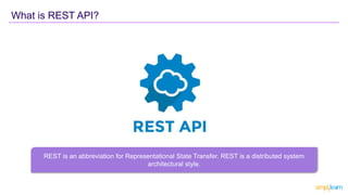 What is REST API?
REST is an abbreviation for Representational State Transfer. REST is a distributed system
architectural style.
 