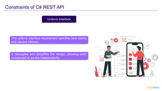 Constraints of C# REST API
Uniform Interface
The uniform interface requirement specifies how clients
and servers interact.
It decouples and simplifies the design, allowing each
component to evolve independently.
 
