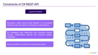 Constraints of C# REST API
Layered System
Normally, a client cannot know whether it is connected
directly to the end server or through an intermediary.
By facilitating load balancing and providing shared
caches, intermediary servers can improve system
scalability.
Security policies can also be enforced by layers.
 