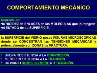 Depende de:
•la RIGIDEZ de ENLACES de las MOLÉCULAS que lo integran
•el ESTADO de su SUPERFICIE.
• BUENA RESISTENCIA A LA COMPRESIÓN.
• MENOR RESISTENCIA A LA TRACCIÓN.
• Un VIDRIO ROMPE SIEMPRE a la TRACCIÓN.
la SUPERFICIE del VIDRIO posee FISURAS MICROSCÓPICAS
donde se CONCENTRAN las TENSIONES MECÁNICAS y
potencialmente son ZONAS de FRACTURA.
COMPORTAMIENTO MECÁNICO
 