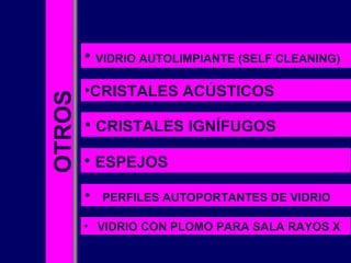 OTROS • VIDRIO AUTOLIMPIANTE (SELF CLEANING)
•CRISTALES ACÚSTICOS
• CRISTALES IGNÍFUGOS
• ESPEJOS
• PERFILES AUTOPORTANTES DE VIDRIO
• VIDRIO CON PLOMO PARA SALA RAYOS X
 