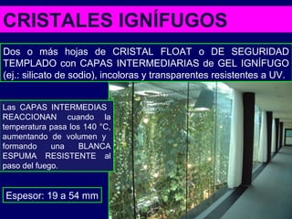 CRISTALES IGNÍFUGOS
Dos o más hojas de CRISTAL FLOAT o DE SEGURIDAD
TEMPLADO con CAPAS INTERMEDIARIAS de GEL IGNÍFUGO
(ej.: silicato de sodio), incoloras y transparentes resistentes a UV.
Las CAPAS INTERMEDIAS
REACCIONAN cuando la
temperatura pasa los 140 °C,
aumentando de volumen y
formando una BLANCA
ESPUMA RESISTENTE al
paso del fuego.
Espesor: 19 a 54 mm
 