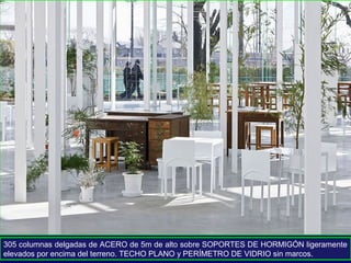 305 columnas delgadas de ACERO de 5m de alto sobre SOPORTES DE HORMIGÓN ligeramente
elevados por encima del terreno. TECHO PLANO y PERÍMETRO DE VIDRIO sin marcos.
 