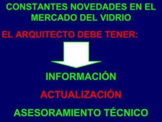 CONSTANTES NOVEDADES EN EL
MERCADO DEL VIDRIO
INFORMACIÓN
ACTUALIZACIÓN
ASESORAMIENTO TÉCNICO
EL ARQUITECTO DEBE TENER:
 