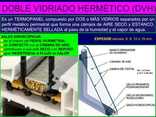 SALES GIROSCÓPICAS:
en el interior del PERFIL PERIMETRAL .
en CONTACTO con la CÁMARA DE AIRE.
contribuyen a que esté SECO y en REPOSO.
gran RESISTENCIA al FLUJO de CALOR.
DOBLE VIDRIADO HERMÉTICO (DVH)
Es un TERMOPANEL compuesto por DOS o MÁS VIDRIOS separados por un
perfil metálico perimetral que forma una cámara de AIRE SECO y ESTANCO,
HERMÉTICAMENTE SELLADA al paso de la humedad y el vapor de agua.
No < a 5 mm
y no > a 20 mm
ESPESOR cámara: 6, 9, 12 ó 19 mm.
 