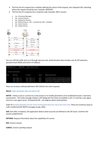  The first line of a request has a method, defining the nature of the request, and a Request-URI, indicating
where the request should be sent. Example: REGISTER
 The first line of a response has a response code. Example: 200 is success.
 1xx - Provisional Messages.
 2xx - Success Answers.
 3xx - Redirection Answers.
 4xx - Method Failures: 401 – Unauthorised, 403 - Forbidden
 5xx - Server Failures.
 6xx - Global Failures.
You can sniff the traffic and run it through sipcrack suite. Authentication data includes user ID, SIP extension,
password hash (MD5) and victim’s IP address.
There are six basic methods (defined in RFC 254) for the client requests:
HELLO - Fake command, does not exist in SIP.
INVITE: Invites a user or a service to a new session or to modify parameters of an established session. Username
enumeration - The invite message initiates a SIP dialog with the intent to establish a call. It is sent by a user agent
client to a user agent server. (Followed by OK – see diagram above showing flow)
Caller ID Spoofing (Stealth), but the invite method generates the ring at the client side. There are numerous ways to
craft a malformed SIP INVITE messages (scapy, SIPp).
ACK: Sent after a response, the application detects what accounts are defined on the SIP server. Confirms the
session establishment
OPTIONS: Request information about the capabilities of a server.
BYE: End of a session
CANCEL: Cancel a pending request
 
