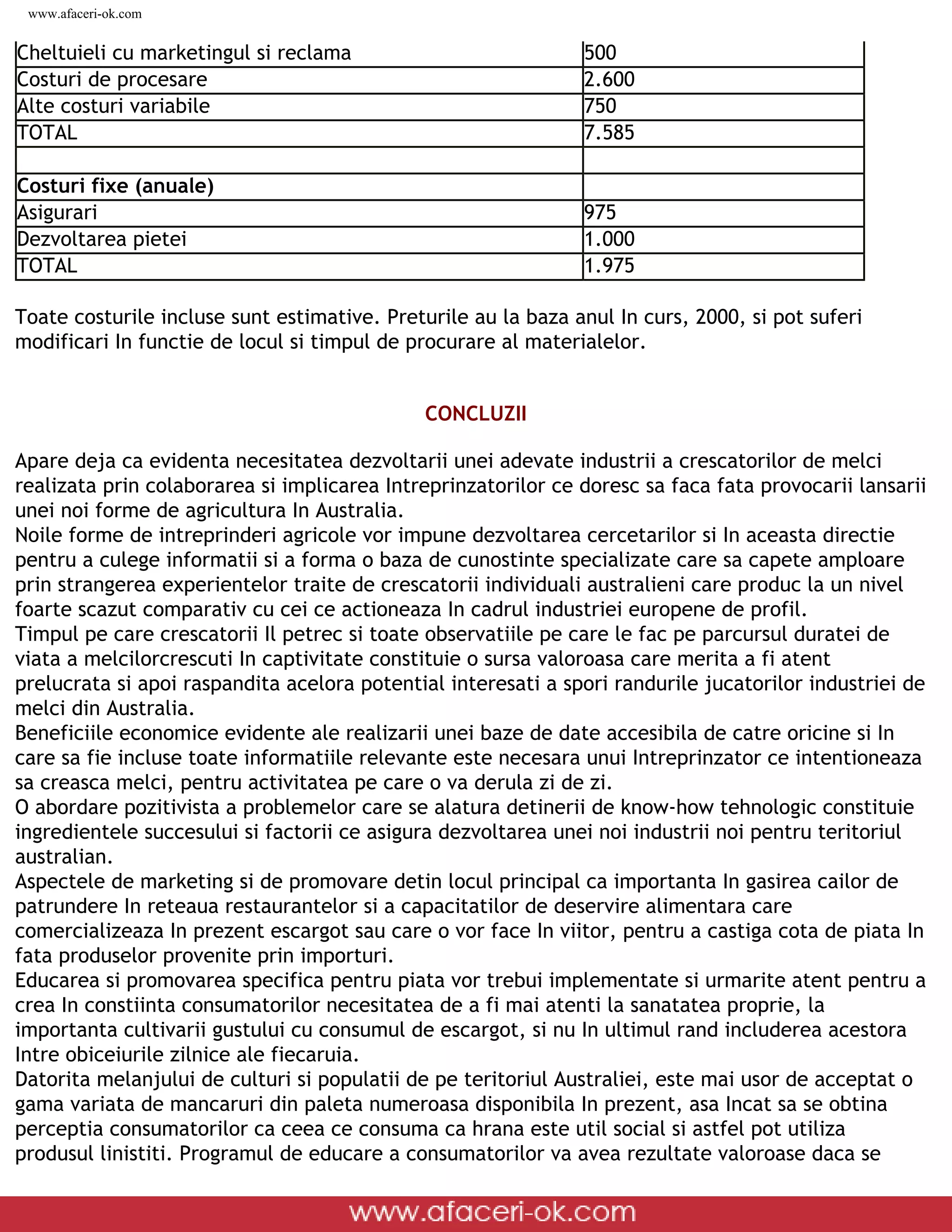 www.afaceri-ok.com


Cheltuieli cu marketingul si reclama                                               500
Costuri de procesare                                                               2.600
Alte costuri variabile                                                             750
TOTAL                                                                              7.585

Costuri fixe (anuale)
Asigurari                                                                          975
Dezvoltarea pietei                                                                 1.000
TOTAL                                                                              1.975

Toate costurile incluse sunt estimative. Preturile au la baza anul In curs, 2000, si pot suferi
modificari In functie de locul si timpul de procurare al materialelor.


                                                                     CONCLUZII

Apare deja ca evidenta necesitatea dezvoltarii unei adevate industrii a crescatorilor de melci
realizata prin colaborarea si implicarea Intreprinzatorilor ce doresc sa faca fata provocarii lansarii
unei noi forme de agricultura In Australia.
Noile forme de intreprinderi agricole vor impune dezvoltarea cercetarilor si In aceasta directie
pentru a culege informatii si a forma o baza de cunostinte specializate care sa capete amploare
prin strangerea experientelor traite de crescatorii individuali australieni care produc la un nivel
foarte scazut comparativ cu cei ce actioneaza In cadrul industriei europene de profil.
Timpul pe care crescatorii Il petrec si toate observatiile pe care le fac pe parcursul duratei de
viata a melcilorcrescuti In captivitate constituie o sursa valoroasa care merita a fi atent
prelucrata si apoi raspandita acelora potential interesati a spori randurile jucatorilor industriei de
melci din Australia.
Beneficiile economice evidente ale realizarii unei baze de date accesibila de catre oricine si In
care sa fie incluse toate informatiile relevante este necesara unui Intreprinzator ce intentioneaza
sa creasca melci, pentru activitatea pe care o va derula zi de zi.
O abordare pozitivista a problemelor care se alatura detinerii de know-how tehnologic constituie
ingredientele succesului si factorii ce asigura dezvoltarea unei noi industrii noi pentru teritoriul
australian.
Aspectele de marketing si de promovare detin locul principal ca importanta In gasirea cailor de
patrundere In reteaua restaurantelor si a capacitatilor de deservire alimentara care
comercializeaza In prezent escargot sau care o vor face In viitor, pentru a castiga cota de piata In
fata produselor provenite prin importuri.
Educarea si promovarea specifica pentru piata vor trebui implementate si urmarite atent pentru a
crea In constiinta consumatorilor necesitatea de a fi mai atenti la sanatatea proprie, la
importanta cultivarii gustului cu consumul de escargot, si nu In ultimul rand includerea acestora
Intre obiceiurile zilnice ale fiecaruia.
Datorita melanjului de culturi si populatii de pe teritoriul Australiei, este mai usor de acceptat o
gama variata de mancaruri din paleta numeroasa disponibila In prezent, asa Incat sa se obtina
perceptia consumatorilor ca ceea ce consuma ca hrana este util social si astfel pot utiliza
produsul linistiti. Programul de educare a consumatorilor va avea rezultate valoroase daca se

 file:///D|/GATA/Cresterea%20melcilor/index.html (24 of 25)12/20/2005 6:49:08 PM
 