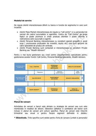 Modelul de servire

De regula clientii interactioneaza diferit cu banca in functie de segmentul in care sunt
incadrati.

   •   clientii Mass Market interactioneaza de regula cu "call centre" si cu personalul de
       vanzari din cadrul sucursalelor si agentiilor. Centru de "Call Centre" pe langa
       faptul ca poate promova si vinde produse clientilor ii poate informa si
       redirectiona catre sucursale si agentii.
   •   clientii Personal Banking interactioneaza cu consilierii special pregatiti in acest
       scop ( promovarea produselor de investitii, equity etc) care sunt sprijiniti de
       catre specialistii de produs din centrala.
   •   clientii Private Banking sunt contactati si interactioneaza cu consilierii Private
       Banking sau "Wealth Advisors"

Pentru o mai buna gestionare sau creat centre (departamente) specializate pentru
gestionarea acestor functii: Call Centre, Personal Banking Specialists, Wealth Advisors




Planul de vanzari

Activitatea de vanzari a bancii este aliniata cu strategia de vanzari asa cum este
mentionata in modelul de afaceri. Obiective calitative si cantitative ale bancii sunt
incluse in planul de vanzari prin actiuni specifice. Planul de vanzari este intocmit
trimestrial sau anual si pentru fiecare segment defineste in detaliu:

* Obiectivele. Tinte specifice sunt setate pentru forta de vanzare (unitati si personalul
 