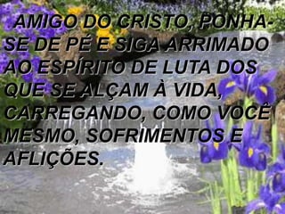 AMIGO DO CRISTO, PONHA-
SE DE PÉ E SIGA ARRIMADO
AO ESPÍRITO DE LUTA DOS
QUE SE ALÇAM À VIDA,
CARREGANDO, COMO VOCÊ
MESMO, SOFRIMENTOS E
AFLIÇÕES.
 