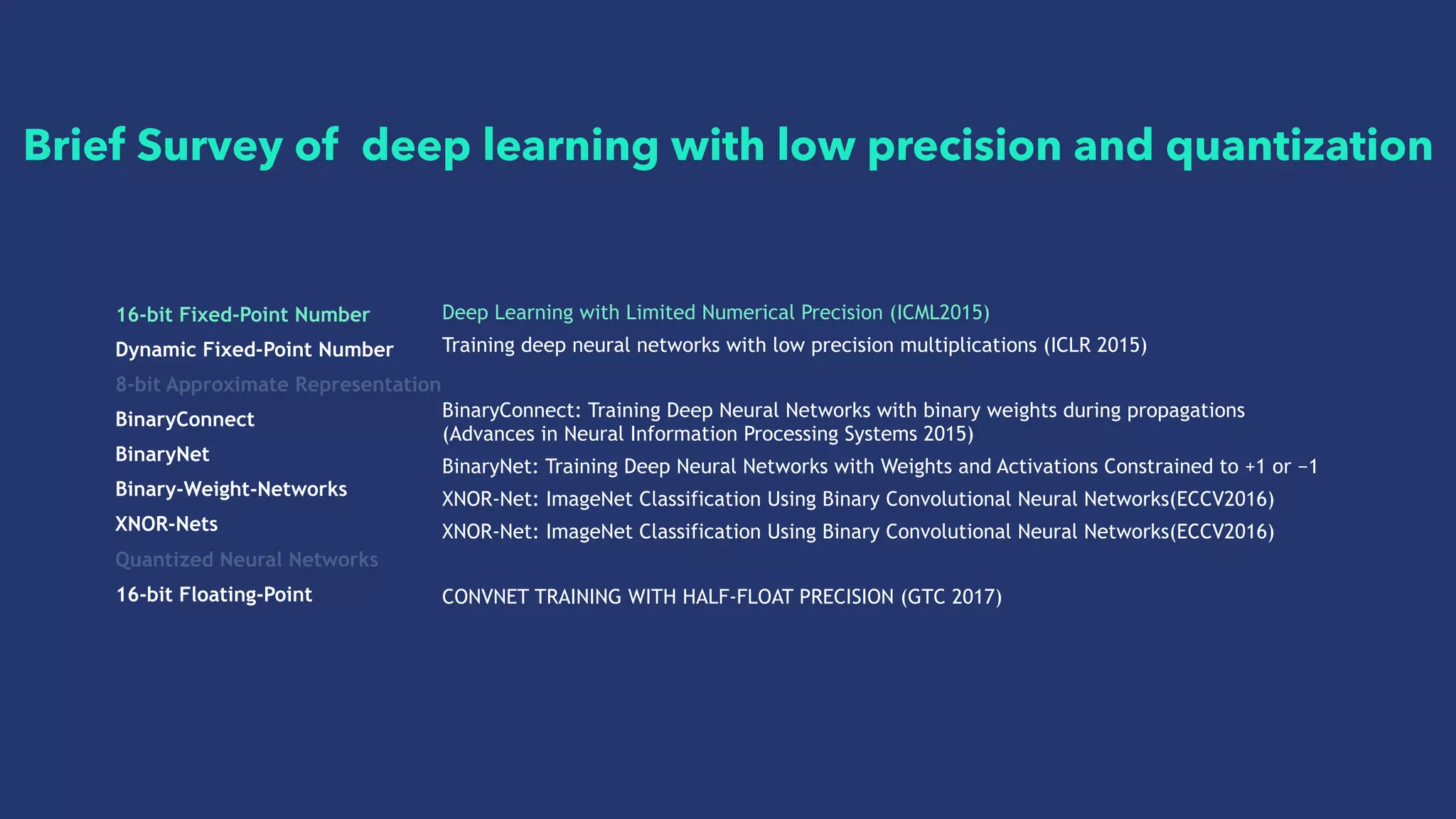16-bit Fixed-Point Number
Dynamic Fixed-Point Number
8-bit Approximate Representation
BinaryConnect
BinaryNet
Binary-Weight-Networks
XNOR-Nets
Quantized Neural Networks
16-bit Floating-Point
Deep Learning with Limited Numerical Precision (ICML2015)
Training deep neural networks with low precision multiplications (ICLR 2015)
BinaryConnect: Training Deep Neural Networks with binary weights during propagations
(Advances in Neural Information Processing Systems 2015)
BinaryNet: Training Deep Neural Networks with Weights and Activations Constrained to +1 or −1
XNOR-Net: ImageNet Classification Using Binary Convolutional Neural Networks(ECCV2016)
XNOR-Net: ImageNet Classification Using Binary Convolutional Neural Networks(ECCV2016)
CONVNET TRAINING WITH HALF-FLOAT PRECISION (GTC 2017)
Brief Survey of deep learning with low precision and quantization
 