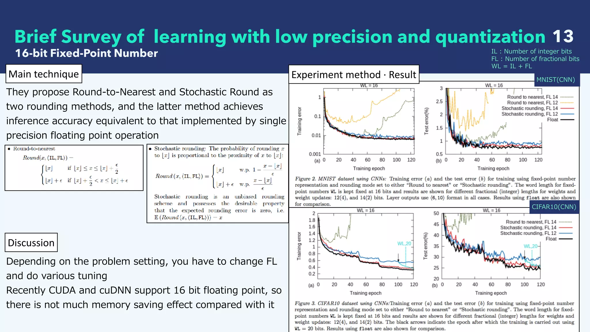  
IL : Number of integer bits
FL : Number of fractional bits
WL = IL + FL
13
16-bit Fixed-Point Number
Brief Survey of learning with low precision and quantization
Experiment	method	·	ResultMain	technique
They propose Round-to-Nearest and Stochastic Round as
two rounding methods, and the latter method achieves
inference accuracy equivalent to that implemented by single
precision floating point operation
MNIST(CNN)
CIFAR10(CNN)
Discussion
Depending on the problem setting, you have to change FL
and do various tuning
Recently CUDA and cuDNN support 16 bit floating point, so
there is not much memory saving effect compared with it
 