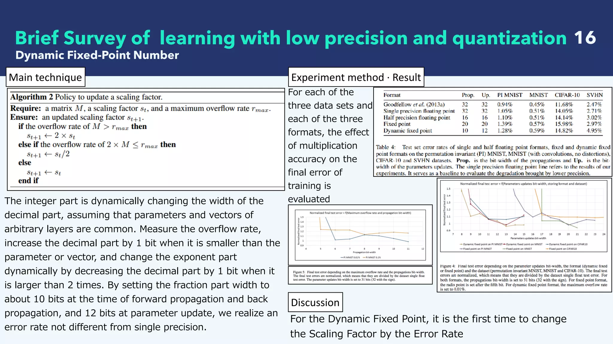  16Brief Survey of learning with low precision and quantization
Experiment	method	·	ResultMain	technique
Discussion
For the Dynamic Fixed Point, it is the first time to change
the Scaling Factor by the Error Rate
Dynamic Fixed-Point Number
For each of the
three data sets and
each of the three
formats, the effect
of multiplication
accuracy on the
final error of
training is
evaluatedThe integer part is dynamically changing the width of the
decimal part, assuming that parameters and vectors of
arbitrary layers are common. Measure the overflow rate,
increase the decimal part by 1 bit when it is smaller than the
parameter or vector, and change the exponent part
dynamically by decreasing the decimal part by 1 bit when it
is larger than 2 times. By setting the fraction part width to
about 10 bits at the time of forward propagation and back
propagation, and 12 bits at parameter update, we realize an
error rate not different from single precision.
 