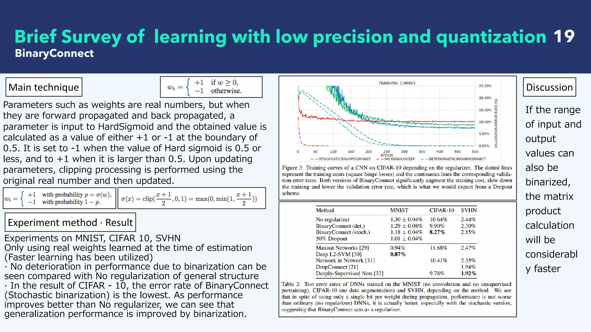  19Brief Survey of learning with low precision and quantization
Main	technique Discussion
If the range
of input and
output
values can
also be
binarized,
the matrix
product
calculation
will be
considerabl
y faster
Parameters such as weights are real numbers, but when
they are forward propagated and back propagated, a
parameter is input to HardSigmoid and the obtained value is
calculated as a value of either +1 or -1 at the boundary of
0.5. It is set to -1 when the value of Hard sigmoid is 0.5 or
less, and to +1 when it is larger than 0.5. Upon updating
parameters, clipping processing is performed using the
original real number and then updated.
BinaryConnect
Experiments on MNIST, CIFAR 10, SVHN
Only using real weights learned at the time of estimation
(Faster learning has been utilized)
· No deterioration in performance due to binarization can be
seen compared with No regularization of general structure
· In the result of CIFAR - 10, the error rate of BinaryConnect
(Stochastic binarization) is the lowest. As performance
improves better than No regularizer, we can see that
generalization performance is improved by binarization.
Experiment	method	·	Result
 