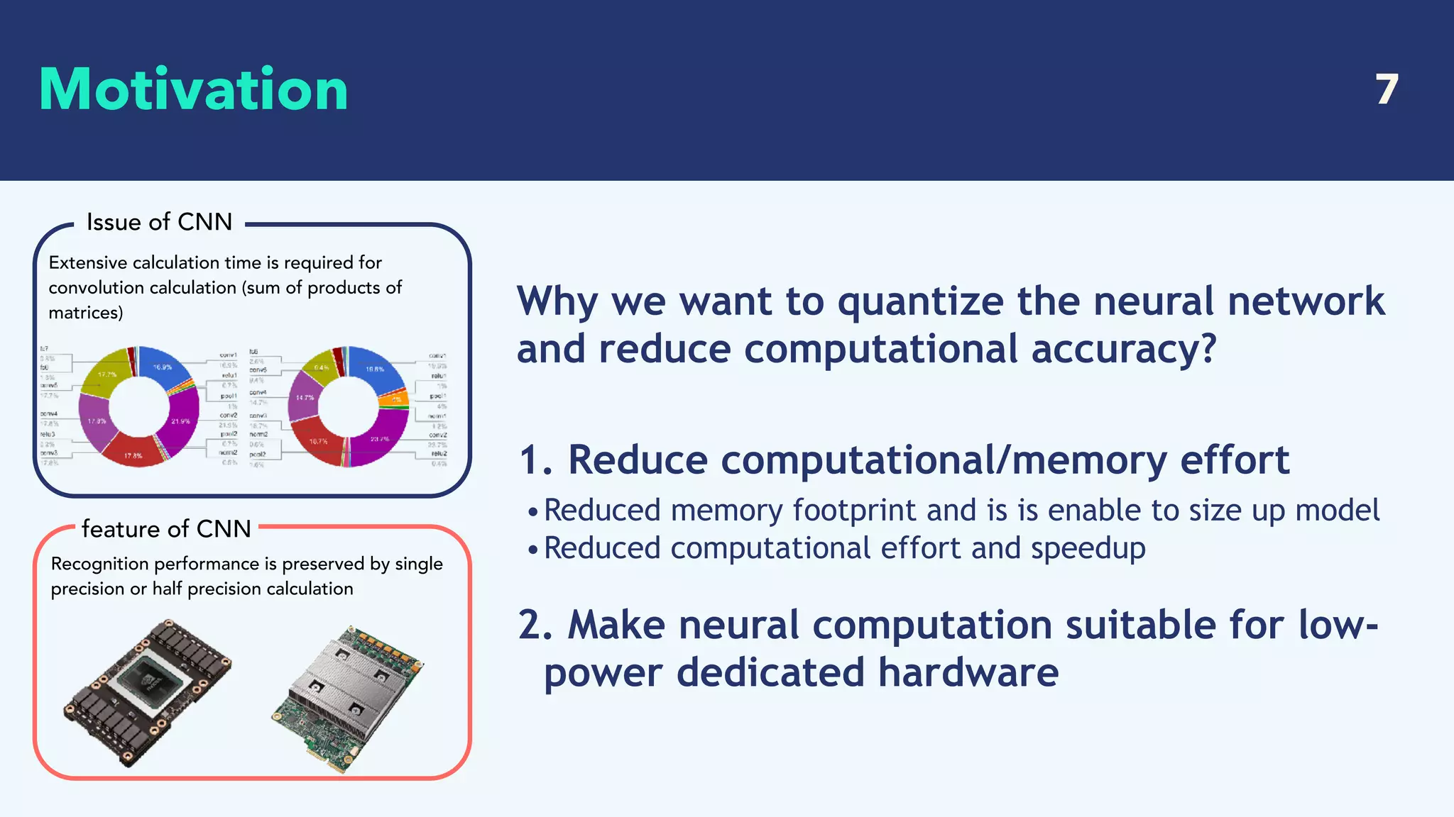   7
1. Reduce computational/memory effort
•Reduced memory footprint and is is enable to size up model
•Reduced computational effort and speedup
2. Make neural computation suitable for low-
power dedicated hardware
Motivation
Issue of CNN
feature of CNN
Extensive calculation time is required for
convolution calculation (sum of products of
matrices)
Recognition performance is preserved by single
precision or half precision calculation
Why we want to quantize the neural network
and reduce computational accuracy?
 