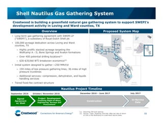 Connections for America’s Energy
™
™
™
™
™
™
Shell Nautilus Gas Gathering System
16
Crestwood is building a greenfield natural gas gathering system to support SWEPI’s
development activity in Loving and Ward counties, TX
Proposed System MapOverview
• Long-term gas gathering agreement with SWEPI LP
(“SWEPI”), a subsidiary of Royal Dutch Shell plc
• 100,000 acreage dedication across Loving and Ward
counties, TX
– Highly prolific stacked acreage targeting the
Wolfcamp A - D, Bone Springs and Avalon formations
– Over 400 potential drilling locations(1)
– $30-$35/bbl WTI breakeven economics(2)
• Initial system designed to gather ~250 MMcf/d
– 194 miles of low pressure gathering lines; 36 miles of high
pressure trunklines
– Additional services: compression, dehydration, and liquids
handling services
• Tiered fixed-fee contract structure
Nautilus Project Timeline
In-Service
Date
Signed
Agreement
w/ Shell
Project Development
Finalizing Right-of-Ways,
Engineering, Surveys and
Procurement
Construction
September 2016 October/ November 2016 December 2016 – June 2017 July 2017
(1) Assuming 250 acre spacing.
(2) Source: Tudor, Pickering, and Holt. After tax rate of return
of 10% in the Wolfcamp on a well-level returns basis.
 
