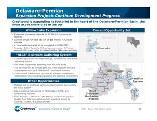 Connections for America’s Energy
™
™
™
™
™
™
Delaware-Permian
Expansion Projects Continue Development Progress
17
Crestwood is expanding its footprint in the heart of the Delaware-Permian Basin, the
most active shale play in the US
Other Opportunities
• In final negotiations on integrated gas, condensate, and water
gathering system
• 600 miles of pipelines spanning over 400,000 acres
• Full development to include 109,200 of horsepower from 65
compression units at 8 centralized compressor stations
• Orla Crude & Condensate Terminal w/ storage, condensate
stabilization, truck loading/unloading, and pipeline connections
“RIGS” 3-Stream Gathering System
Current Opportunity Set
• Multiple bolt-on wellhead gathering opportunities surrounding
the RIGS System
• Gas processing expansions for Willow Lake, RIGS, and
surrounding systems
• Delta Pipeline: ~180 mile, 200 MBbls/d condensate pipeline
header from Orla to multiple outlets providing access to
Cushing, Houston, & Corpus Christi
Willow Lake Expansion
• Expanded processing capacity to 50 MMcf/d; currently at
capacity
• Current annual run-rate EBITDA of $15 million; 4.5x build
multiple
• 41 new wells dedicated to be completed in 2016/2017
• Projects: Dublin Ranch to Willow Lake connector, RJT skid,
upsized interconnects for increased residue take-away options
“RIGS”:
3-Stream
Gathering
System
“RIGS” = Reeves Infield Gathering System.
Orla Terminal
Willow Lake
Nautilus
System
 