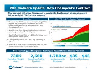 Connections for America’s Energy
™
™
™
™
™
™
PRB Niobrara Update: New Chesapeake Contract
18
CHK PRB Net Production Potential
Source: Chesapeake Energy 2016 Analyst Day Presentation.
New Technology and Completion Techniques Reveal Multiple Stacked Potential
• Crestwood and Williams entered into binding LOI to
replace the Buckinghorse plant and Jackalope
gathering system cost of service contract with
Chesapeake Energy
• New 20-year fixed fee contract includes minimum
revenue guarantees for 5 – 7 years
• Baseline future cash flow of ~$25 million; Any new
development offers upside
• Chesapeake plans to add 1 to 2 rigs beginning in
2017
• Potential to grow production to more than 100,000
boe/d over the next five to seven years
Overview
New contract will allow Chesapeake to accelerate development plans and achieve
full potential of PRB Niobrara acreage
730K
Equivalent Stacked
Acres
2,600
Remaining Drilling
Locations
$35 - $45
Per Barrel Breakevens
1.7BBoe
Net Recoverable
Resources
 