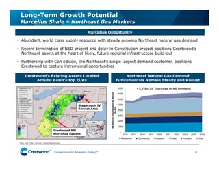 Connections for America’s Energy
™
™
™
™
™
™ 9
Long-Term Growth Potential
Marcellus Shale – Northeast Gas Markets
• Abundant, world class supply resource with steady growing Northeast natural gas demand
• Recent termination of NED project and delay in Constitution project positions Crestwood’s
Northeast assets at the heart of likely, future regional infrastructure build-out
• Partnership with Con Edison, the Northeast’s single largest demand customer, positions
Crestwood to capture incremental opportunities
Marcellus Opportunity
Crestwood’s Existing Assets Located
Around Basin’s top EURs
Northeast Natural Gas Demand
Fundamentals Remain Steady and Robust
Stagecoach JV
Service Area
Crestwood SW
Marcellus System
Map and Chart Source: Wood MacKenzie.
-
2.00
4.00
6.00
8.00
10.00
12.00
14.00
16.00
2016 2017 2018 2019 2020 2021 2022 2023 2024 2025
NENaturalGasDemandbySector
(Bcf/d)
Residential Commercial Industrial Power Transport Other
+2.7 Bcf/d Increase in NE Demand
 