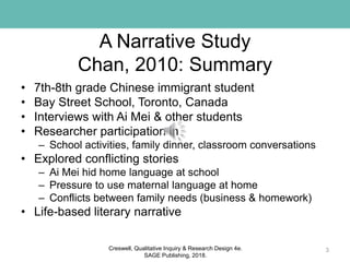 A Narrative Study
Chan, 2010: Summary
• 7th-8th grade Chinese immigrant student
• Bay Street School, Toronto, Canada
• Interviews with Ai Mei & other students
• Researcher participation in
– School activities, family dinner, classroom conversations
• Explored conflicting stories
– Ai Mei hid home language at school
– Pressure to use maternal language at home
– Conflicts between family needs (business & homework)
• Life-based literary narrative
3Creswell, Qualitative Inquiry & Research Design 4e.
SAGE Publishing, 2018.
 