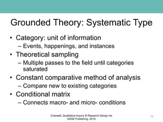 Grounded Theory: Systematic Type
• Category: unit of information
– Events, happenings, and instances
• Theoretical sampling
– Multiple passes to the field until categories
saturated
• Constant comparative method of analysis
– Compare new to existing categories
• Conditional matrix
– Connects macro- and micro- conditions
16Creswell, Qualitative Inquiry & Research Design 4e.
SAGE Publishing, 2018.
 