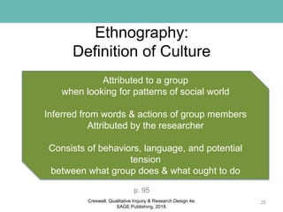 Ethnography:
Definition of Culture
25
Attributed to a group
when looking for patterns of social world
Inferred from words & actions of group members
Attributed by the researcher
Consists of behaviors, language, and potential
tension
between what group does & what ought to do
p. 95
Creswell, Qualitative Inquiry & Research Design 4e.
SAGE Publishing, 2018.
 