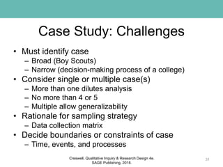 Case Study: Challenges
• Must identify case
– Broad (Boy Scouts)
– Narrow (decision-making process of a college)
• Consider single or multiple case(s)
– More than one dilutes analysis
– No more than 4 or 5
– Multiple allow generalizability
• Rationale for sampling strategy
– Data collection matrix
• Decide boundaries or constraints of case
– Time, events, and processes
31Creswell, Qualitative Inquiry & Research Design 4e.
SAGE Publishing, 2018.
 