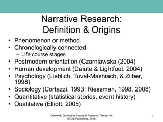 Narrative Research:
Definition & Origins
• Phenomenon or method
• Chronologically connected
– Life course stages
• Postmodern orientation (Czarniawska (2004)
• Human development (Daiute & Lightfoot, 2004)
• Psychology (Lieblich, Tuval-Mashiach, & Zilber,
1998)
• Sociology (Cortazzi, 1993; Riessman, 1998, 2008)
• Quantitative (statistical stories, event history)
• Qualitative (Elliott, 2005)
4Creswell, Qualitative Inquiry & Research Design 4e.
SAGE Publishing, 2018.
 