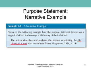 Purpose Statement:
Narrative Example
12Creswell, Qualitative Inquiry & Research Design 4e.
SAGE Publishing, 2018.
 