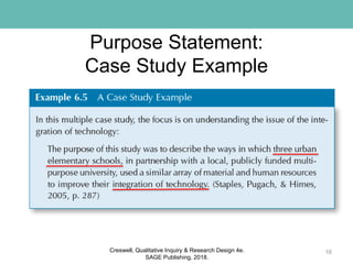 Purpose Statement:
Case Study Example
16Creswell, Qualitative Inquiry & Research Design 4e.
SAGE Publishing, 2018.
 