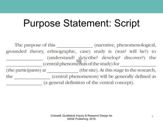 Purpose Statement: Script
9Creswell, Qualitative Inquiry & Research Design 4e.
SAGE Publishing, 2018.
 
