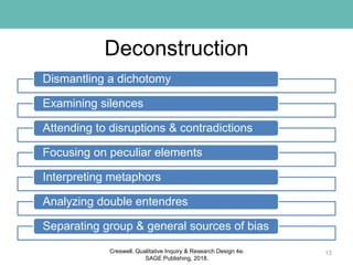 Deconstruction
Dismantling a dichotomy
Examining silences
Attending to disruptions & contradictions
Focusing on peculiar elements
Interpreting metaphors
Analyzing double entendres
Separating group & general sources of bias
13Creswell, Qualitative Inquiry & Research Design 4e.
SAGE Publishing, 2018.
 