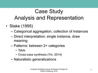 Case Study
Analysis and Representation
• Stake (1995)
– Categorical aggregation, collection of instances
– Direct interpretation: single instance, draw
meaning
– Patterns: between 2+ categories
• Table
• Cross-case synthesis (Yin, 2014)
– Naturalistic generalizations
24Creswell, Qualitative Inquiry & Research Design 4e.
SAGE Publishing, 2018.
 
