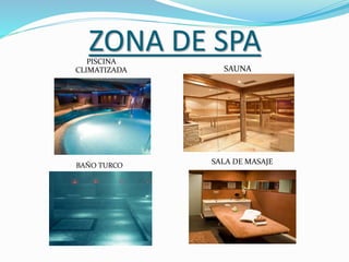 ZONA DE SPA
SALA DE MASAJEBAÑO TURCO
SAUNA
PISCINA
CLIMATIZADA
 