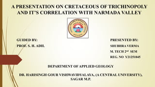 A PRESENTATION ON CRETACEOUS OF TRICHINOPOLY
AND IT’S CORRELATION WITH NARMADA VALLEY
GUIDED BY: PRESENTED BY:
PROF. S. H. ADIL SHUBHRA VERMA
M. TECH 2nd SEM
REG. NO Y21251045
DEPARTMENT OF APPLIED GEOLOGY
DR. HARISINGH GOUR VISHWAVIDYALAYA, (A CENTRAL UNIVERSITY),
SAGAR M.P.
 