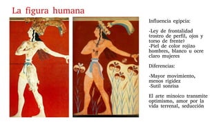 La figura humana
Influencia egipcia:
-Ley de frontalidad
(rostro de perfil, ojos y
torso de frente)
-Piel de color rojizo
hombres, blanco u ocre
claro mujeres
Diferencias:
-Mayor movimiento,
menos rigidez
-Sutil sonrisa
El arte minoico transmite
optimismo, amor por la
vida terrenal, seducción
 