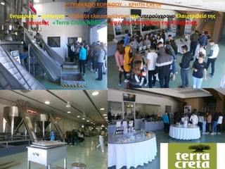 2ο ΓΥΜΝΑΣΙΟ ΚΟΡΙΝΘΟΥ - KΡHTH-CRETA
Ενημέρωση –Ξενάγηση – επίδειξη ελαιοπροϊόντων στο υπερσύγχρονο Ελαιοτριβείο της
Εταιρείας «Terra Creta ΑΒΕΕ»,, από την Υπεύθυνη της Εταιρείας.
 