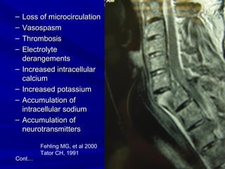 – LLoossss ooff mmiiccrroocciirrccuullaattiioonn 
– VVaassoossppaassmm 
– TThhrroommbboossiiss 
– EElleeccttrroollyyttee 
ddeerraannggeemmeennttss 
– IInnccrreeaasseedd iinnttrraacceelllluullaarr 
ccaallcciiuumm 
– IInnccrreeaasseedd ppoottaassssiiuumm 
– AAccccuummuullaattiioonn ooff 
iinnttrraacceelllluullaarr ssooddiiuumm 
– AAccccuummuullaattiioonn ooff 
nneeuurroottrraannssmmiitttteerrss 
Cont… 
Fehling MG, et al 2000 
Tator CH, 1991 
 