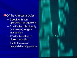 OOff tthhee cclliinniiccaall aarrttiicclleess:: 
– 99 ddeeaalltt wwiitthh nnoonn 
ooppeerraattiivvee mmaannaaggeemmeenntt 
– 3311 wwiitthh tthhee rroollee ooff eeaarrllyy 
((<< 44 wweeeekkss)) ssuurrggiiccaall 
iinntteerrvveennttiioonn 
– 1122 wwiitthh tthhee eeffffeecctt ooff 
cclloosseedd rreedduuccttiioonn 
– 77 wwiitthh tthhee rroollee ooff 
ddeellaayyeedd ddeeccoommpprreessssiioonn 
 