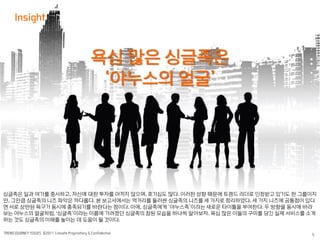 욕심 많은 싱글족은
                      ‘야누스의 얼굴’




싱글족은 일과 여가를 중시하고 자신에 대한 투자를 아끼지 않으며 호기심도 많다 이러한 성향 때문에 트렌드 리더로 인정받고 있기도 한 그룹이지
만 그만큼 싱글족의 니즈 파악은 까다롭다 본 보고서에서는 먹거리를 둘러싼 싱글족의 니즈를 세 가지로 정리하였다 세 가지 니즈에 공통점이 있다
면 서로 상반된 욕구가 동시에 충족되기를 바란다는 점이다 이에 싱글족에게 ‘야누스족’이라는 새로운 타이틀을 부여한다 두 방향을 동시에 바라
보는 야누스의 얼굴처럼 싱글족’이라는 이름에 가려졌던 싱글족의 참된 모습을 하나씩 알아보자 욕심 많은 이들의 구미를 당긴 실제 서비스를 소개
하는 것도 싱글족의 이해를 높이는 데 도움이 될 것이다
 