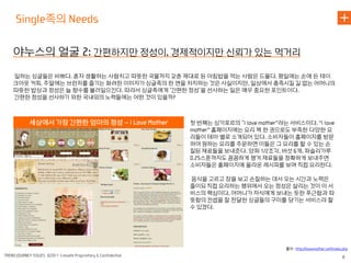 족의

야누스의 얼굴           간편하지만 정성이 경제적이지만 신뢰가 있는 먹거리

일하는 싱글들은 바쁘다 혼자 생활하는 사람치고 따뜻한 국물까지 갖춘 제대로 된 아침밥을 먹는 사람은 드물다 평일에는 손에 든 테이
크아웃 커피 주말에는 브런치를 즐기는 화려한 이미지가 싱글족의 한 면을 차지하는 것은 사실이지만 일상에서 충족시킬 길 없는 어머니의
따뜻한 밥상과 정성은 늘 향수를 불러일으킨다 따라서 싱글족에게 ‘간편한 정성’을 선사하는 일은 매우 중요한 포인트이다
간편한 정성을 선사하기 위한 국내외의 노력들에는 어떤 것이 있을까



   세상에서 가장 간편한 엄마의 정성                   첫 번째는 싱가포르의 ‚        라는 서비스이다
                                             홈페이지에는 요리 책 한 권으로도 부족한 다양한 요
                                        리들이 테마 별로 소개되어 있다 소비자들이 홈페이지를 방문
                                        하여 원하는 요리를 주문하면 이들은 그 요리를 할 수 있는 손
                                        질된 재료들을 보내준다 양파   조각 버섯 개 파슬리가루
                                           스푼까지도 꼼꼼하게 챙겨 재료들을 정확하게 보내주면
                                        소비자들은 홈페이지에 올라온 레시피를 보며 직접 요리한다

                                        음식을 고르고 장을 보고 손질하는 데서 오는 시간과 노력은
                                        줄이되 직접 요리하는 행위에서 오는 정성은 살리는 것이 이 서
                                        비스의 핵심이다 어머니가 자식에게 보내는 듯한 푸근함과 따
                                        뜻함의 컨셉을 잘 전달한 싱글들의 구미를 당기는 서비스라 할
                                        수 있겠다




                                                              출처
 