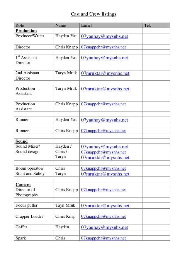Crew and cast list